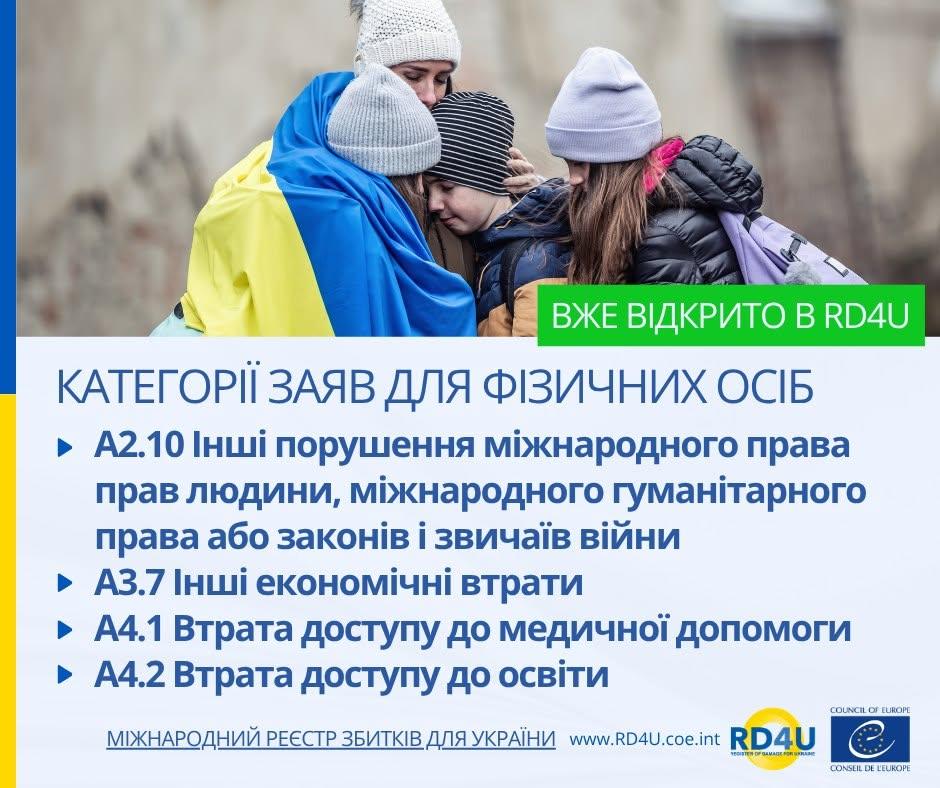 Міжнародний Реєстр збитків для України відкриває чотири останні категорії для фізичних осіб